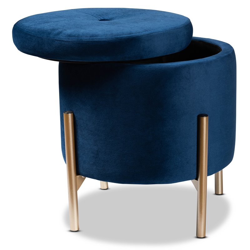 Bowery Hill Navy Blue Velvet and Gold Finished Metal Storage Ottoman